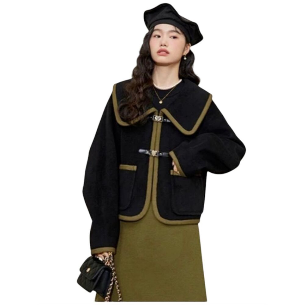 KUOSE Black & Khaki Contrast Collar Short Coat Trendy/K-Style Heart Clasp Size M
